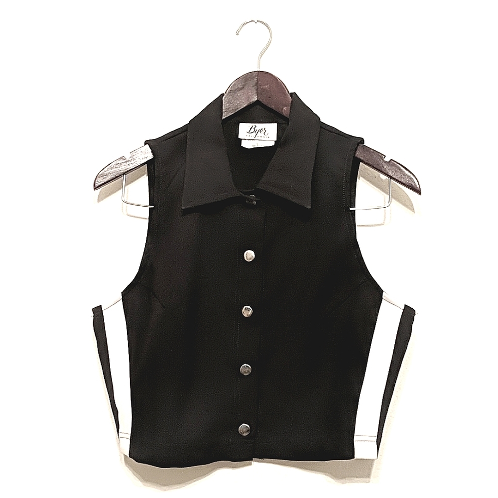 Black vest with two white stripes on sides.